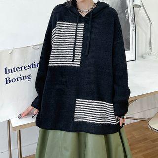 Striped Panel Oversized Hooded Sweater Black - One Size