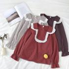 Plaid Peter-pan Collar Lace-trim Flare-sleeve Top