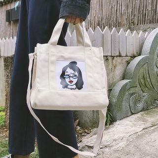 Cartoon Print Canvas Tote Bag With Shoulder Strap