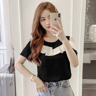 Two-tone Ruffle Trim Cold-shoulder Blouse