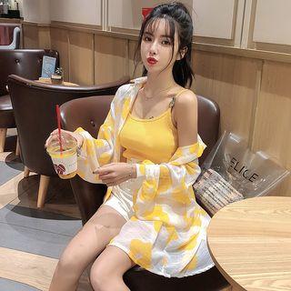 Plain Camisole Top / High-waist Wide-leg Shorts / Flower Print Oversize Shirt / Set