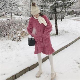 Round-neck Ruffle-hem Faux-fur Coat Pink - One Size