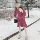 Round-neck Ruffle-hem Faux-fur Coat Pink - One Size
