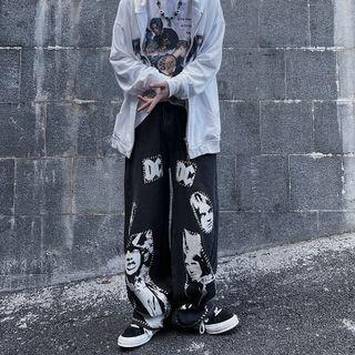 Cartoon Print Applique Wide Leg Jeans
