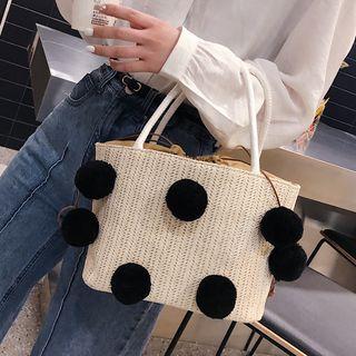 Pom Pom Straw Tote Bag