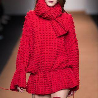 Plain Drawstring Ruffle Hem Sweater / Scarf