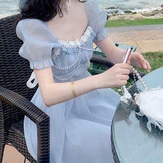 Short-sleeve Square Neck Beaded Midi A-line Dress