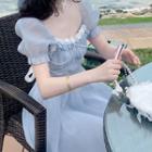 Short-sleeve Square Neck Beaded Midi A-line Dress