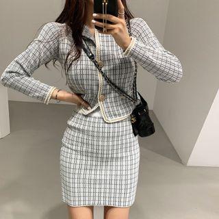 Set: Plaid Tweed Jacket + Fitted Skirt