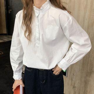 Stand Collar Long-sleeve Blouse White - One Size