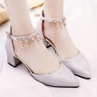 Rhinestone Strap Pointed Block Heel Pumps