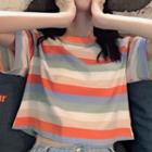 Elbow-sleeve Striped Cropped T-shirt As Shown In Figure - One Size