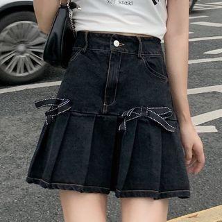 Bow Accent Denim Mini Pleated Skirt
