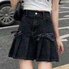 Bow Accent Denim Mini Pleated Skirt