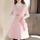 Set: Sleeveless Flare Dress + Mockneck Top + Mini Bag Pink - One Size