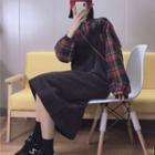 Long-sleeve Plaid Blouse / Midi Shift Overall Dress