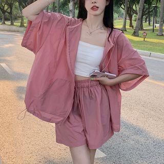 Set: Elbow-sleeve Hooded Jacket + Shorts
