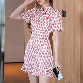 Short-sleeve Pattern Mini Mermaid Dress