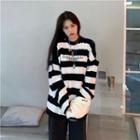 Lettering Embroidered Striped Sweater Stripes - Black & White - One Size