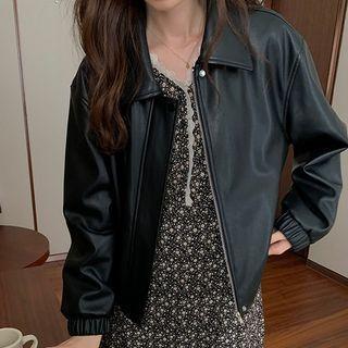 Lapel Plain Faux Leather Jacket