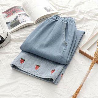 Strawberry Embroidered Cropped Straight-fit Jeans