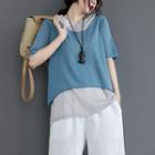 Mock Two-piece Elbow-sleeve Knit T-shirt