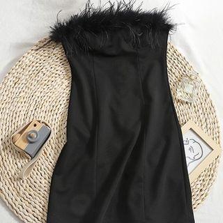 Fluffy Accent Strapless Sheath Dress
