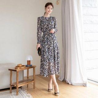 Frilled-collar Paisley Long Chiffon Dress