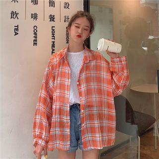 Plaid Long-sleeve Shirt Yellow - One Size
