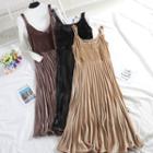Long-sleeve Mock Neck Knit Top / Spaghetti Strap Midi Pleated Velvet Dress