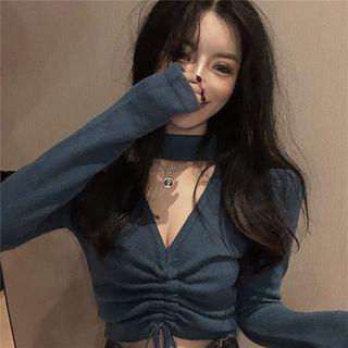 Choker Drawstring Ruched Knit Top