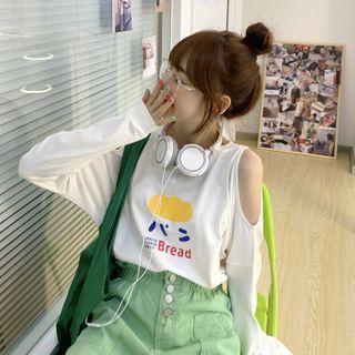 Bread Print Cold-shoulder Long-sleeve T-shirt