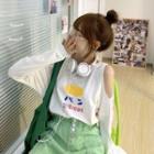 Bread Print Cold-shoulder Long-sleeve T-shirt