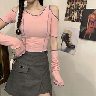 Set: Short-sleeve Cold-shoulder Top + Arm Sleeves