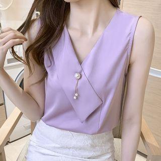 V-neck Sleeveless Faux Pearl Panel Plain Blouse