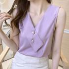 V-neck Sleeveless Faux Pearl Panel Plain Blouse