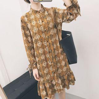 Printed Ruffle Hem Long Sleeve Dress