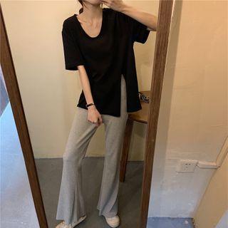 Set : Split Short-sleeve Top + Flare Pants