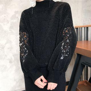 Embroidered Mock-neck Furry Pullover