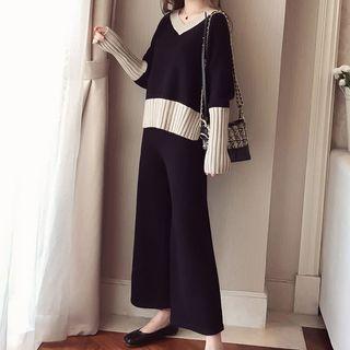 Set: Dip Back Sweater + Knit Wide Leg Pants Black - One Size