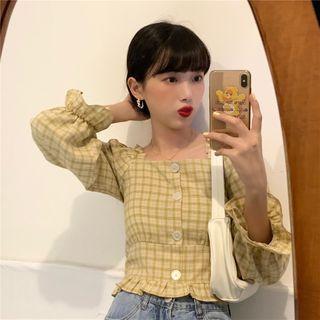 Square-neck Plaid Cropped Blouse Yellow - One Size