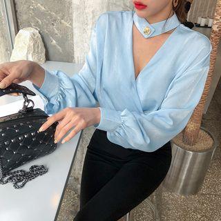 Choker-neck Satin Wrap Blouse