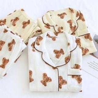 Loungewear Set: Long-sleeve Bear-print Top & Pants