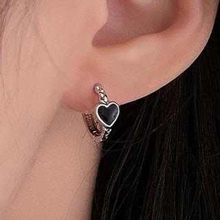 Heart Glaze Alloy Hoop Earring 1 Pair - Black Heart - Silver - One Size