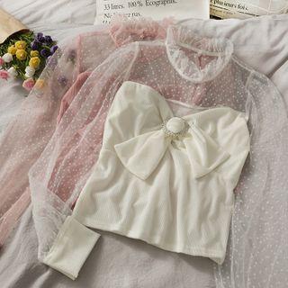Mock-neck Mesh Bow Knit Top