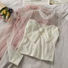 Mock-neck Mesh Bow Knit Top
