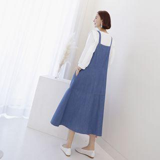 Button-detail Flare Denim Suspender Dress