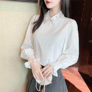 Long-sleeve Beaded Collar Blouse