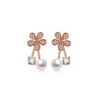 Simple And Fashion Plated Rose Gold Flower Cubic Zirconia Earrings With Imitation Pearls Rose Gold - One Size
