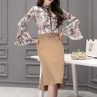 Set: Floral Print Shirt + Ruffle Hem Midi Skirt